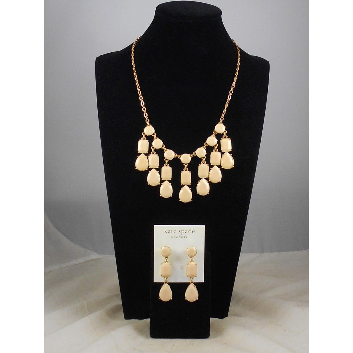 Kate Spade Gold Plated Riviera Garden Pink Champagne Bib Necklace Earrings Set