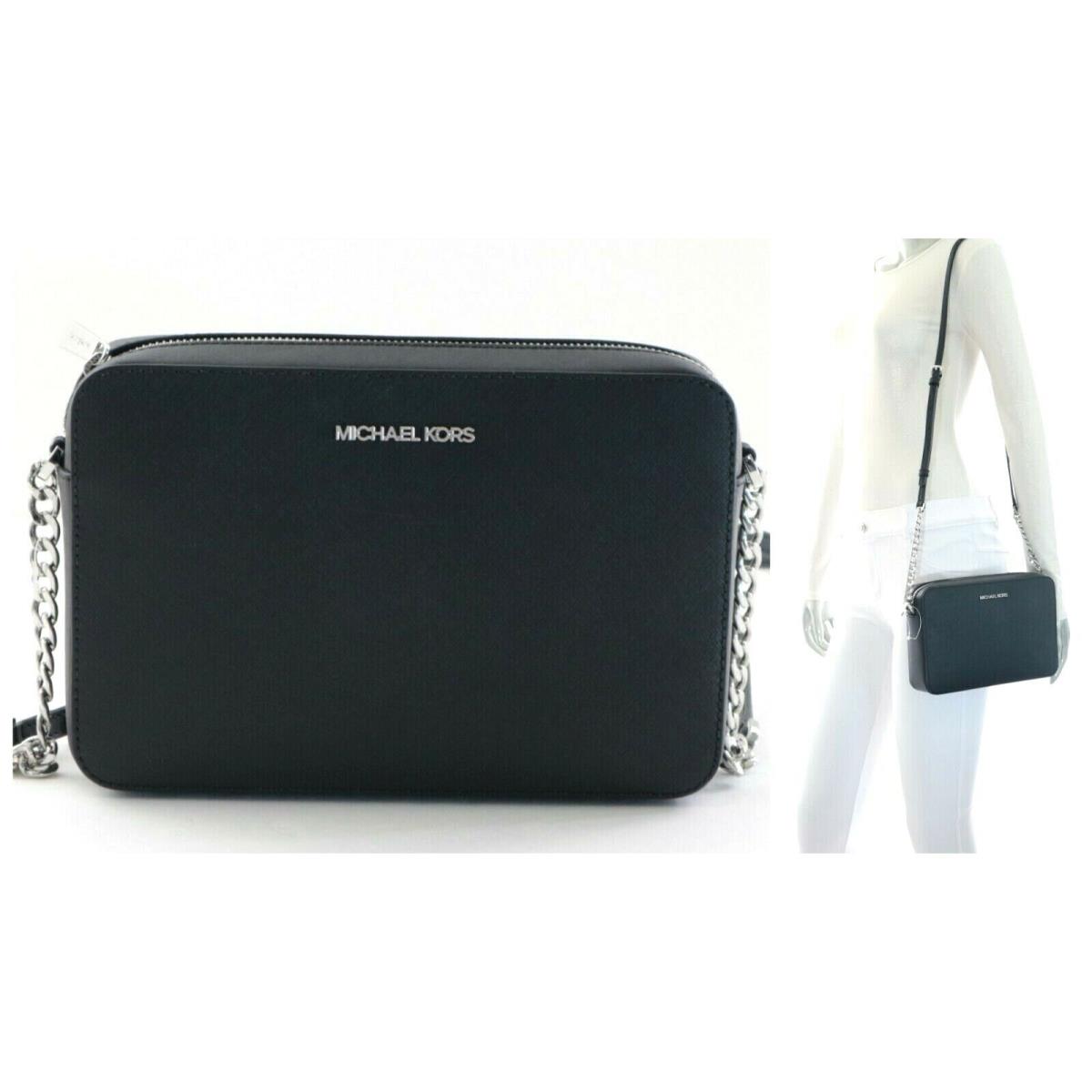 Michael Kors Jet Set Large EW Crossbody Leather Bag Black/silver NWT$378.00