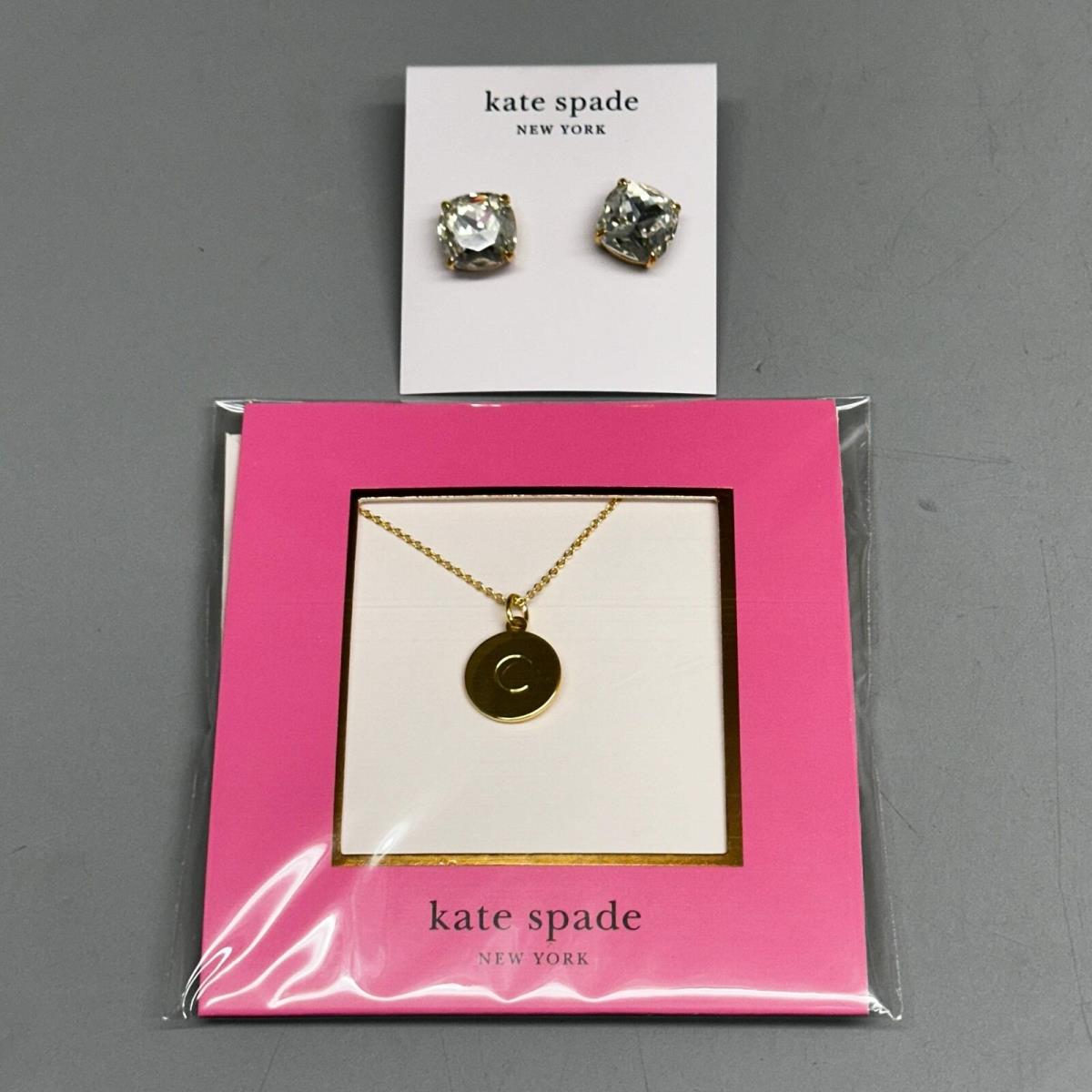 Kate Spade York Jewelry Set Clear Stud Earrings Gold Initial C Necklac