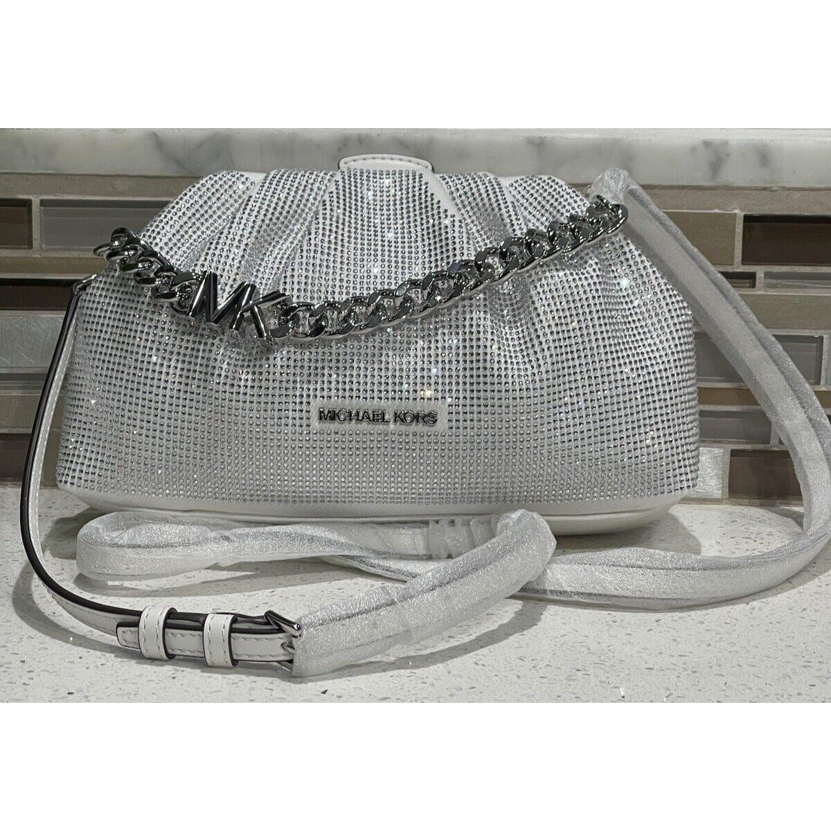 Michael Kors Nola Small Chain Clutch Crossbody Shoulder Optic White Crystal Bag