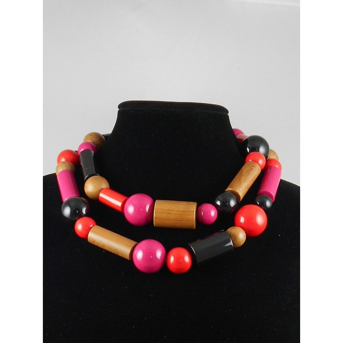 Michael Kors Gold Resort Red Black Fuchsia Wood Chunky Beaded Statement Necklace