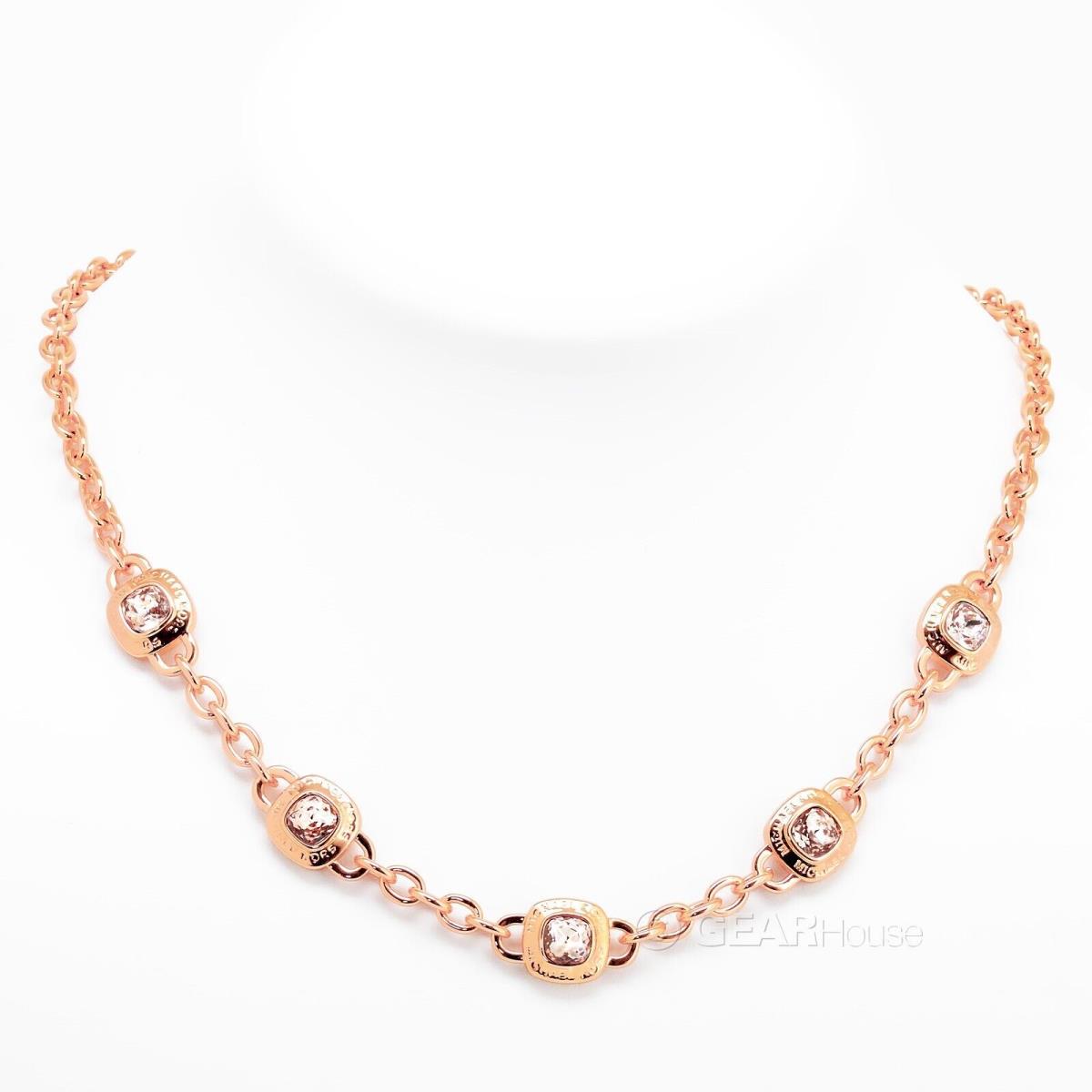 Michael Kors Womens MK Rose Gold Brass Station Chain Necklace w/ Clear Crystals