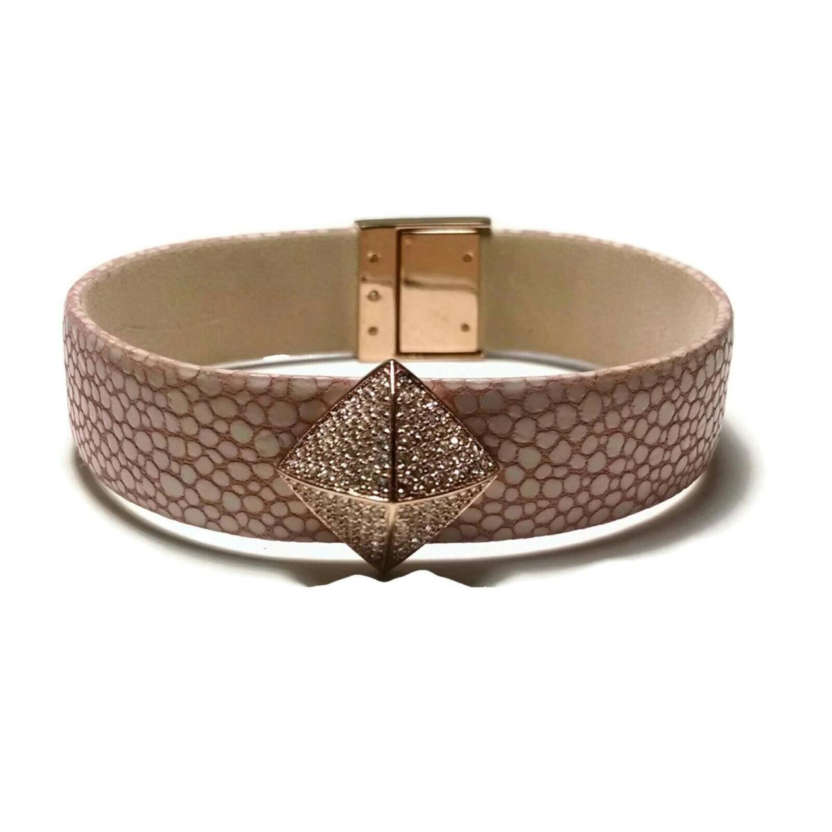 Michael Kors Pink White Leather Gold Rhinestone Snap Bracelet