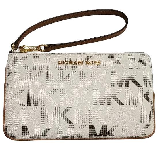 Michael Kors Jet Set Travel Large Top Zip Leather Wristlet-vanilla/acorn