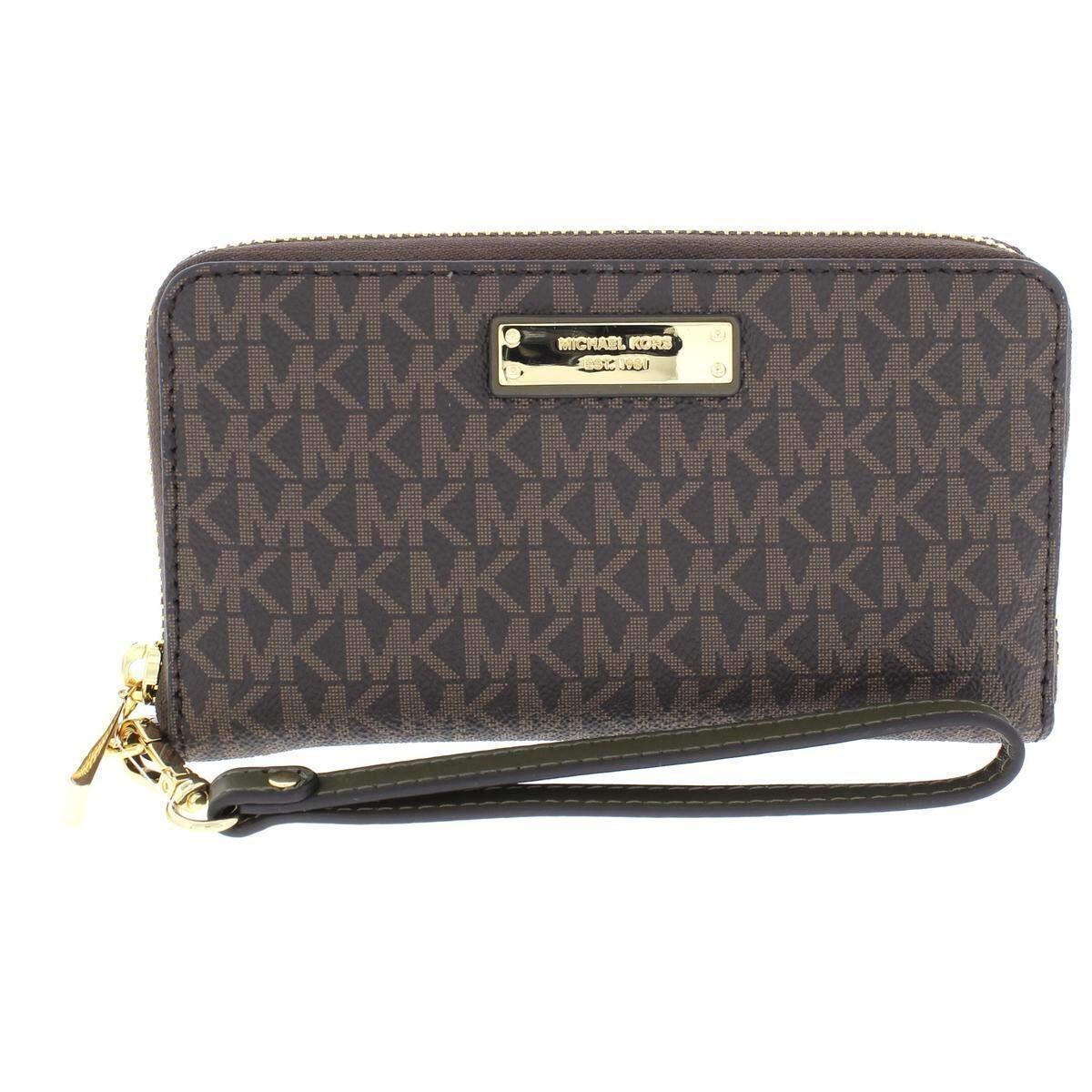 Michael Kors Womens Jet Set Travel Logo Continental Wristlet Wallet Brown O/s