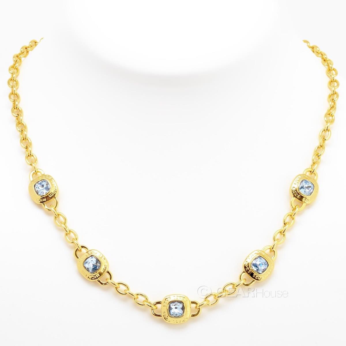 Michael Kors Womens MK Gold Brass Station Chain Necklace w/ Light Blue Crystals