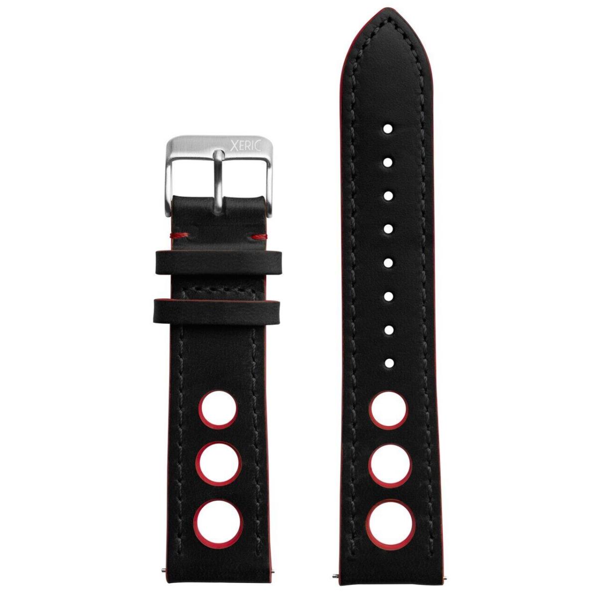 Xeric 22mm Horween Leather Rally Black Red Strap Silver Buckle