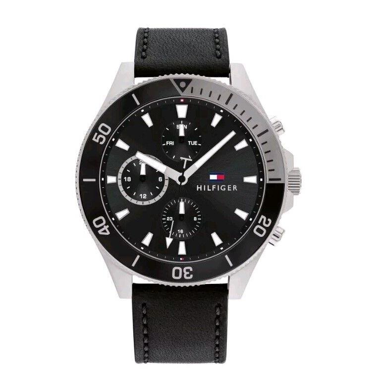 Tommy Hilfiger Men`s Watch Black Dial Black Leather Band Multi Function 1791904