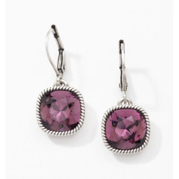 Swarovski Touchstone Crystal 1 Drop Earrings Purple Oxidized Silver Plating Cond