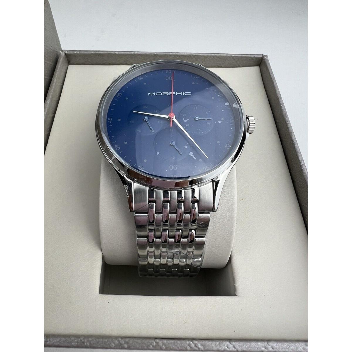 Morphic Mens Watch Stainless Steel Band Month Day Date Time Blue Face Quartz