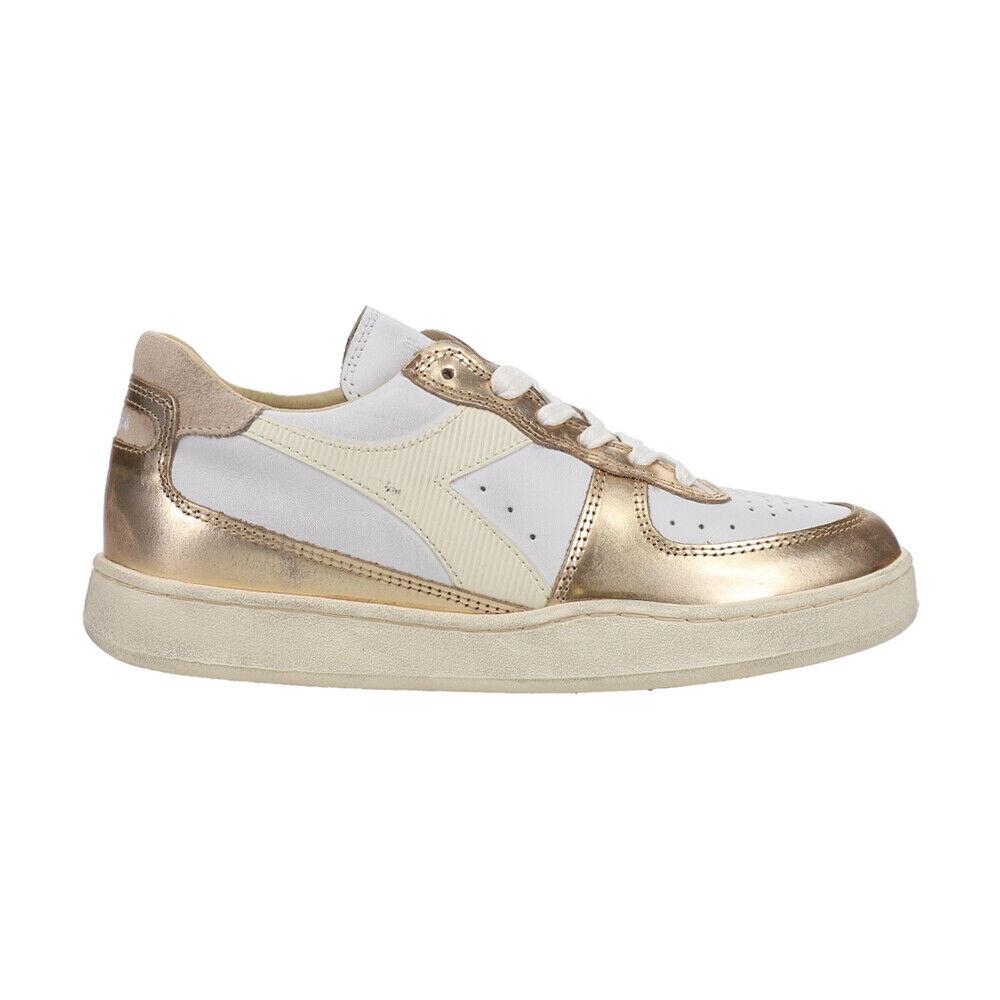 Diadora Mi Basket Low Metallic Dirty Lace Up Mens Gold White Sneakers Casual S