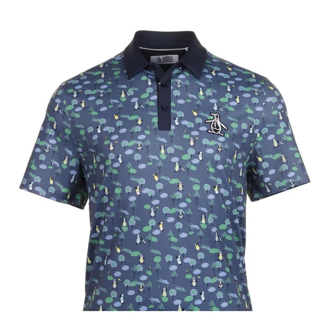 Original Penguin Polo Shirt Pete On The Course Print Black Iris Medium