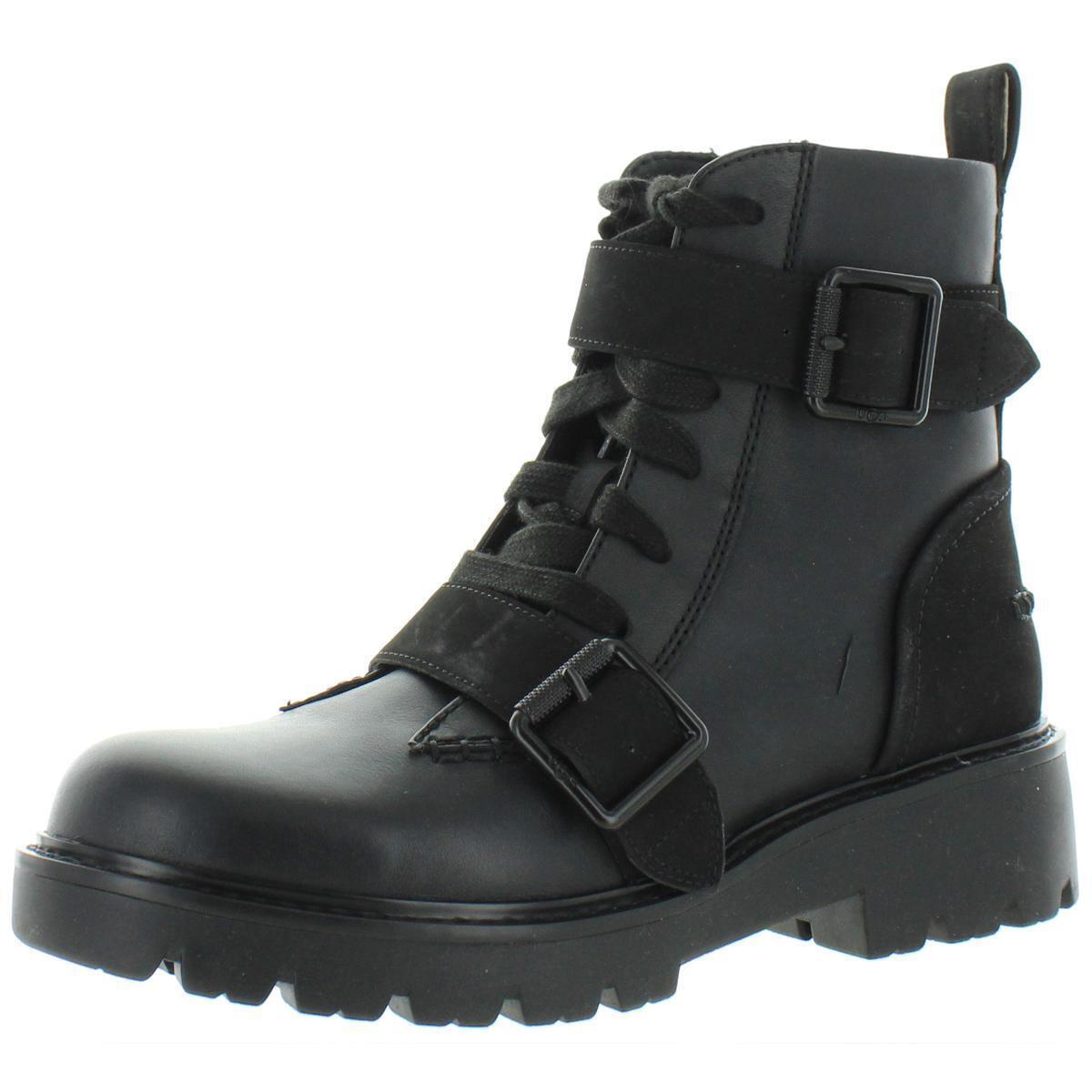 Ugg Womens Noe Black Leather Lace Up Combat Boots Shoes 6 Medium B M Bhfo 9537 - Black