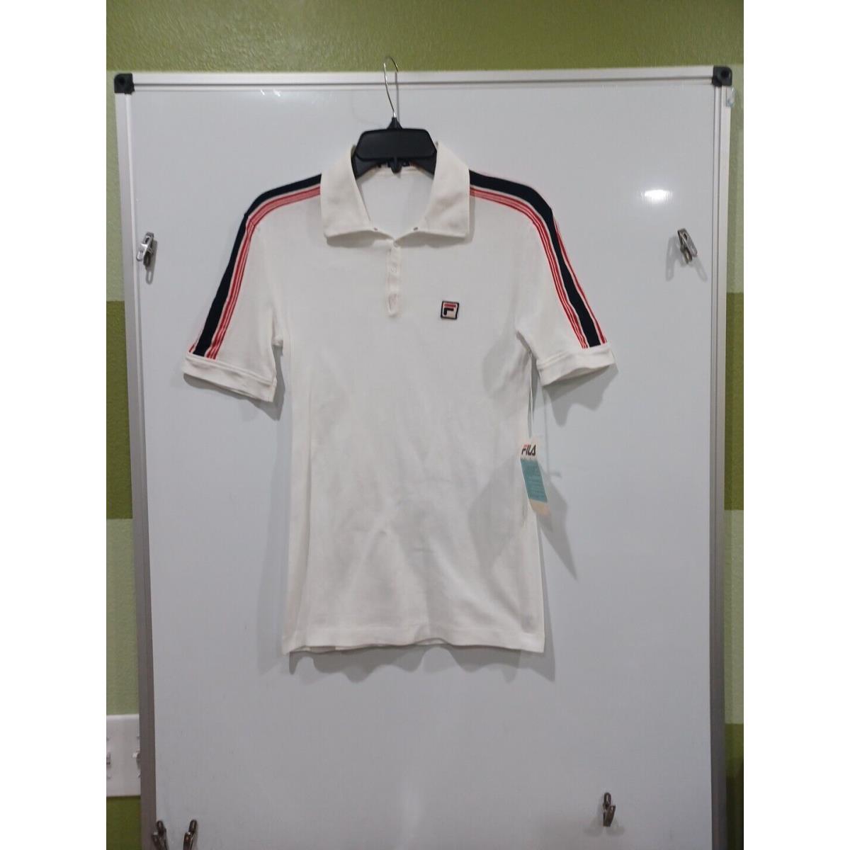 Fila 80`s Vtg Men`s Sm White Tennis Polo Shrt W/red/blk Shldr Stripes