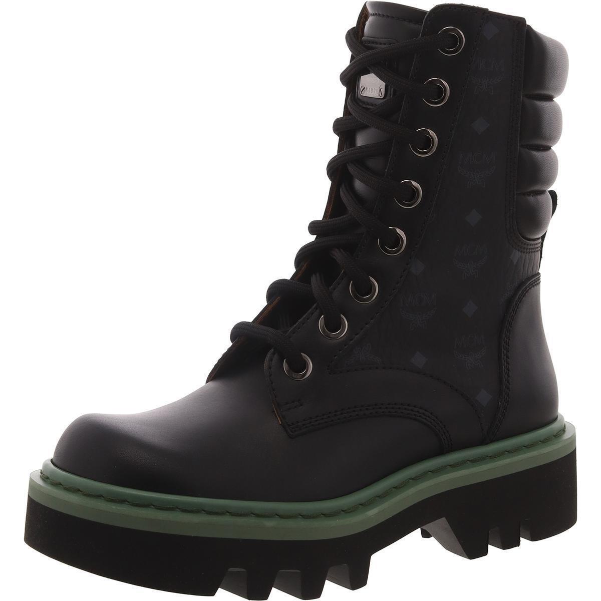 Mcm Womens Leather Logo Block Heel Combat Lace-up Boots Bhfo 3824 Black