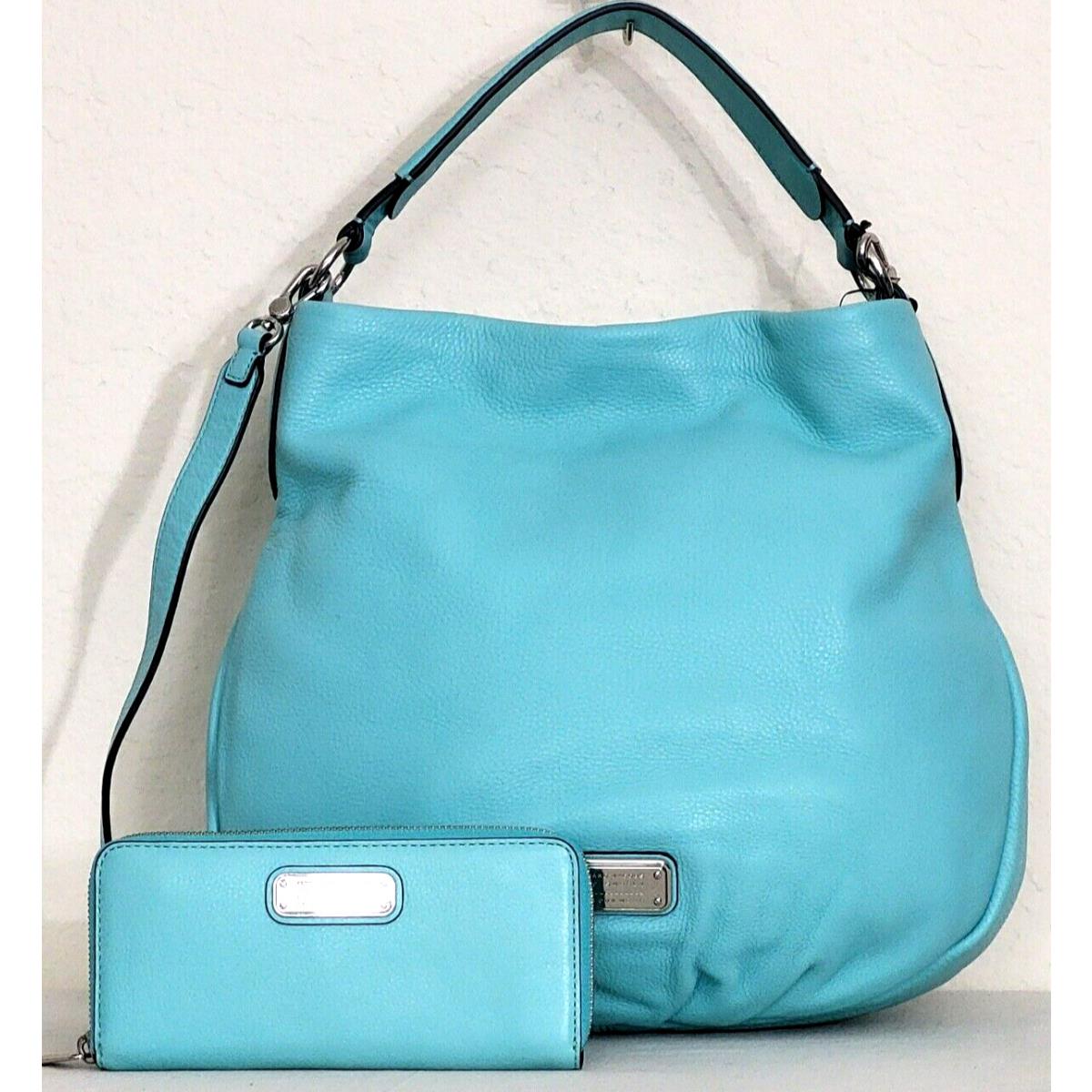 Marc Jacobs Q Hillier Sea Aqua Italian Leather Hobo Bag Wallet Set