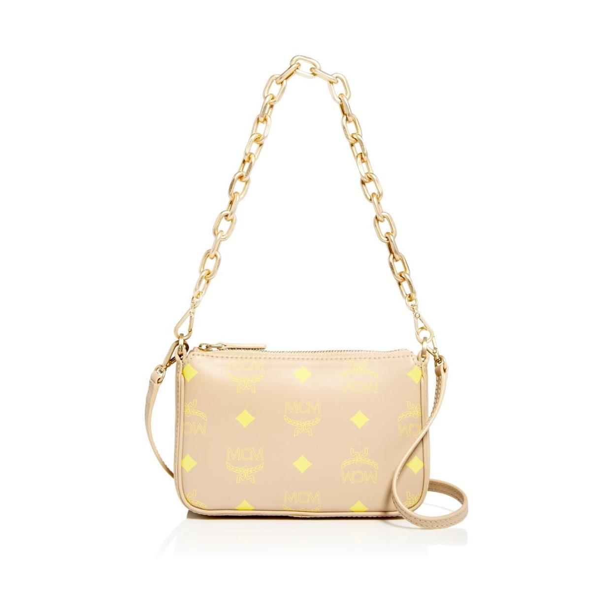 Mcm Women`s Beige Logo Polyurethane Removable Chain 18In Single Crossbody - Beige, Handle/Strap: Gold;Beige, Hardware: Gold