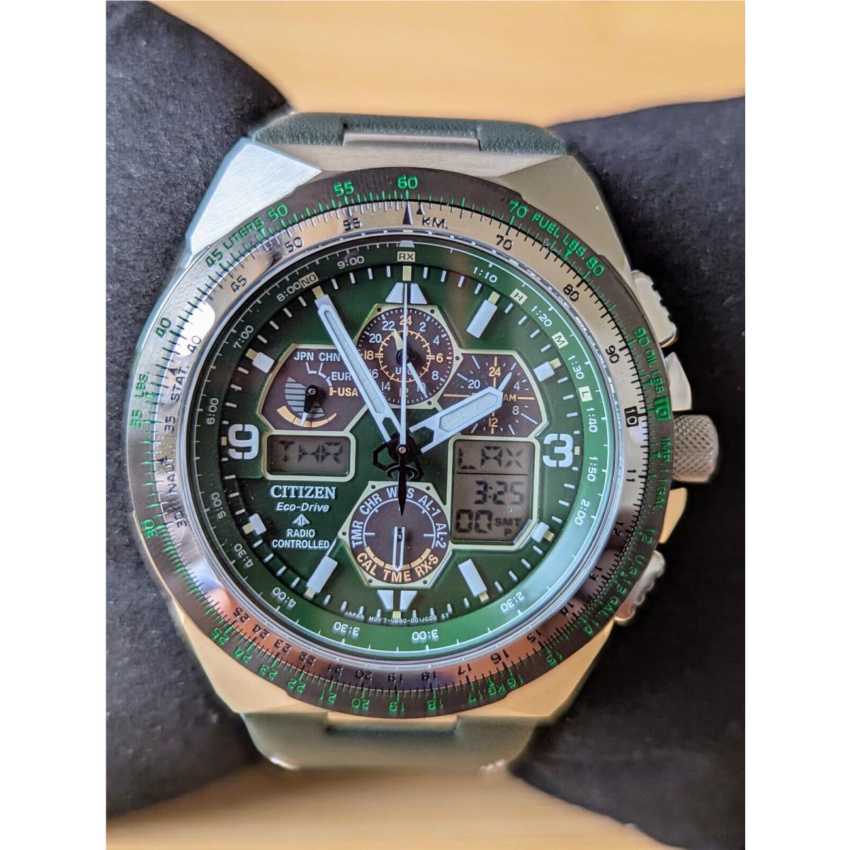 Citizen Promaster Skyhawk A-t Chronograph Gmt Green Dial Men`s Watch JY8147-01X - Dial: Green, Band: Green, Bezel: Silver