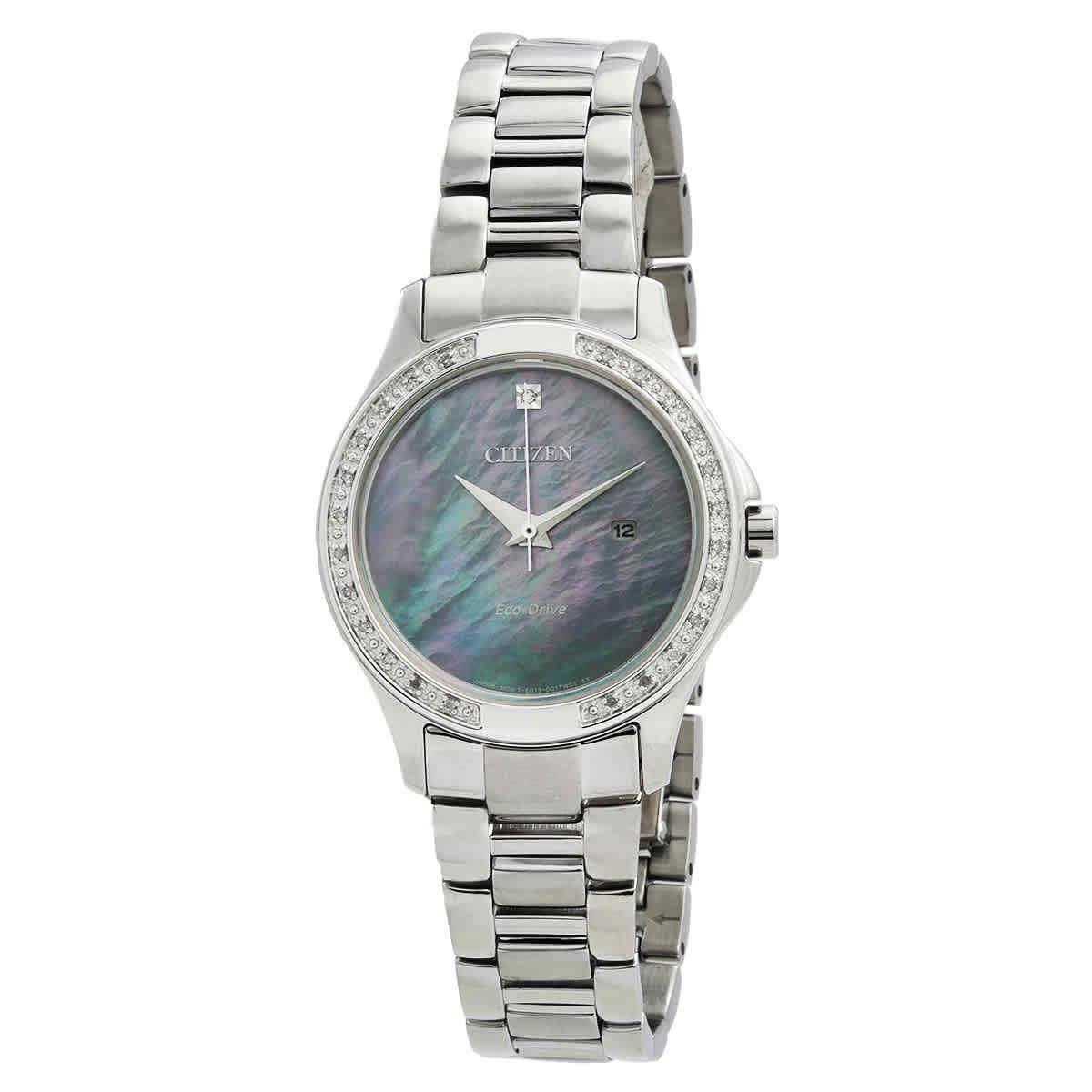 Citizen Classic Eco-drive Crystal Mop Dial Ladies Watch EW2640-54Y - Dial: Mother of Pearl, Band: Silver-tone, Bezel: Silver-tone