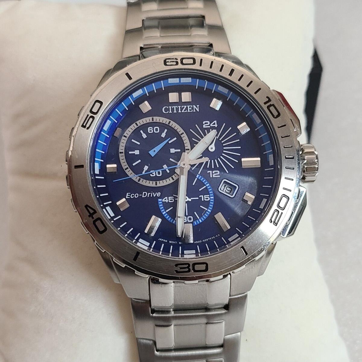 Citizen Eco-drive Chronograph Men`s Stainless Steel Blue Dial Watch AT0960-52L