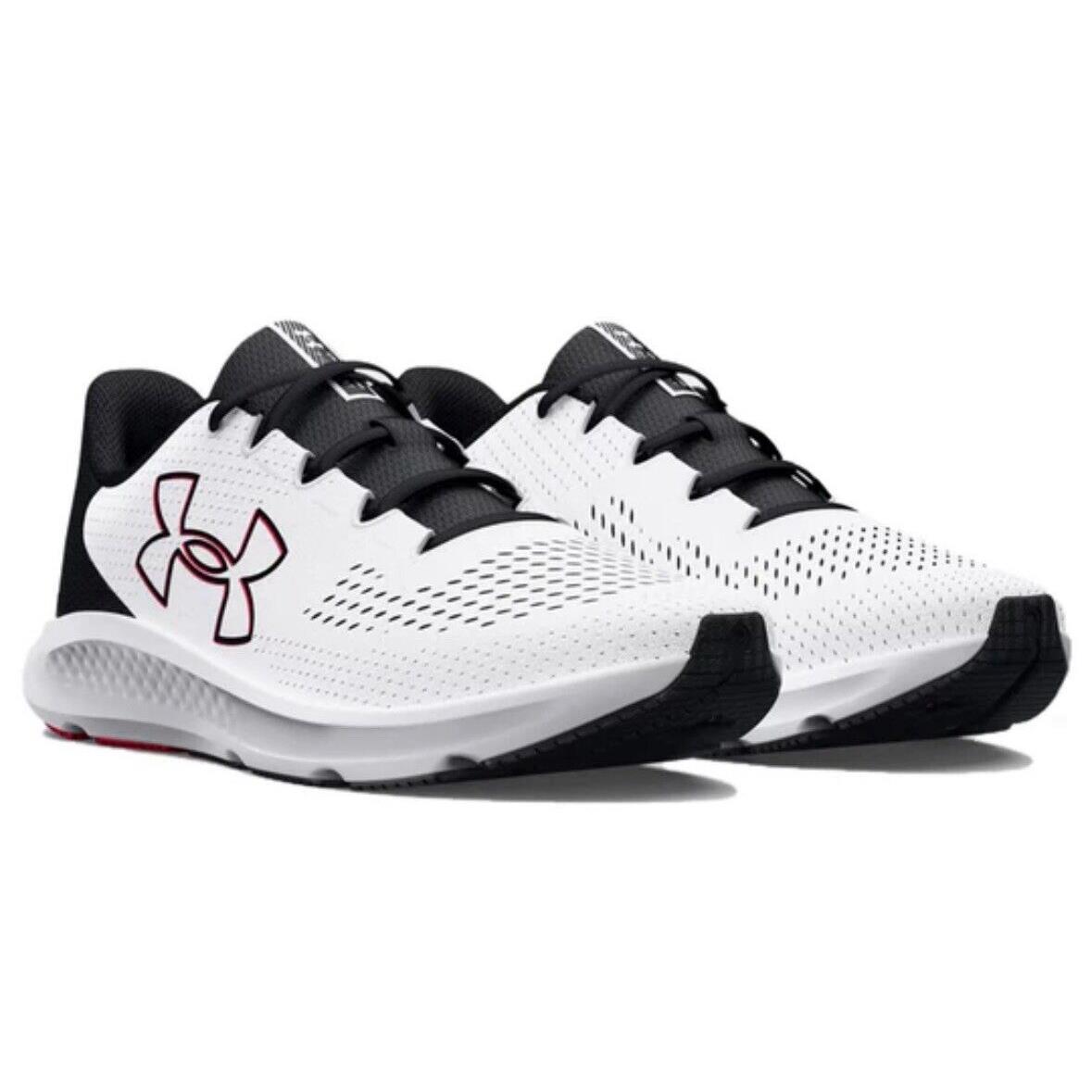 Under Armour Men`s Size 9 UA Charged Pursuit 3 Big Logo Running Shoe 3026518-101 - White/Black