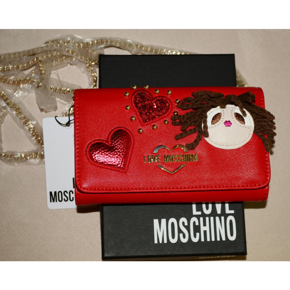 Love Moschino Red Wallet Hearts Doll Face Removable Chain Beautiful