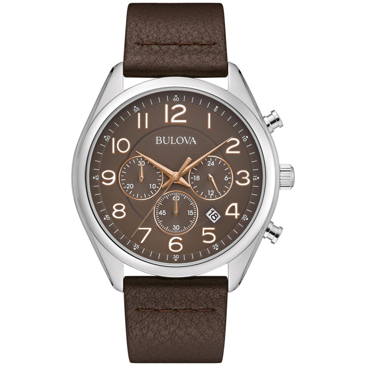 Bulova Mens Classic Chronograph Calendar Quartz Brown Leather Watch 44 MM 96B365