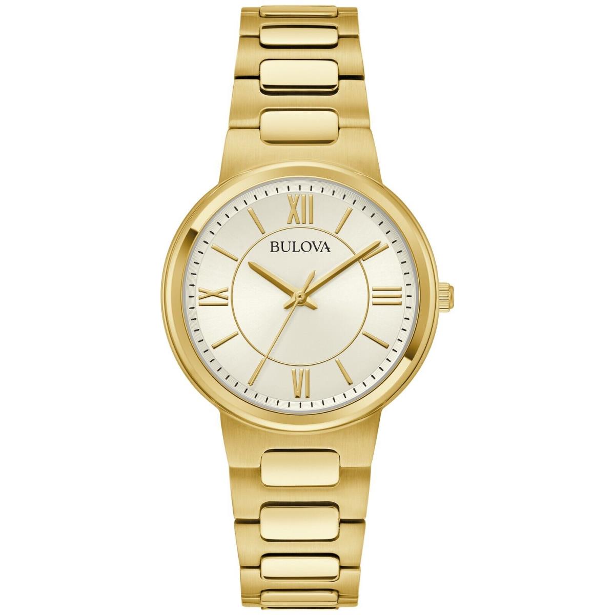 Bulova Mens Classic Quartz Mineral Crystal Gold Stainles Steel Watch 32MM 97L171 - Dial: Champagne, Band: Gold