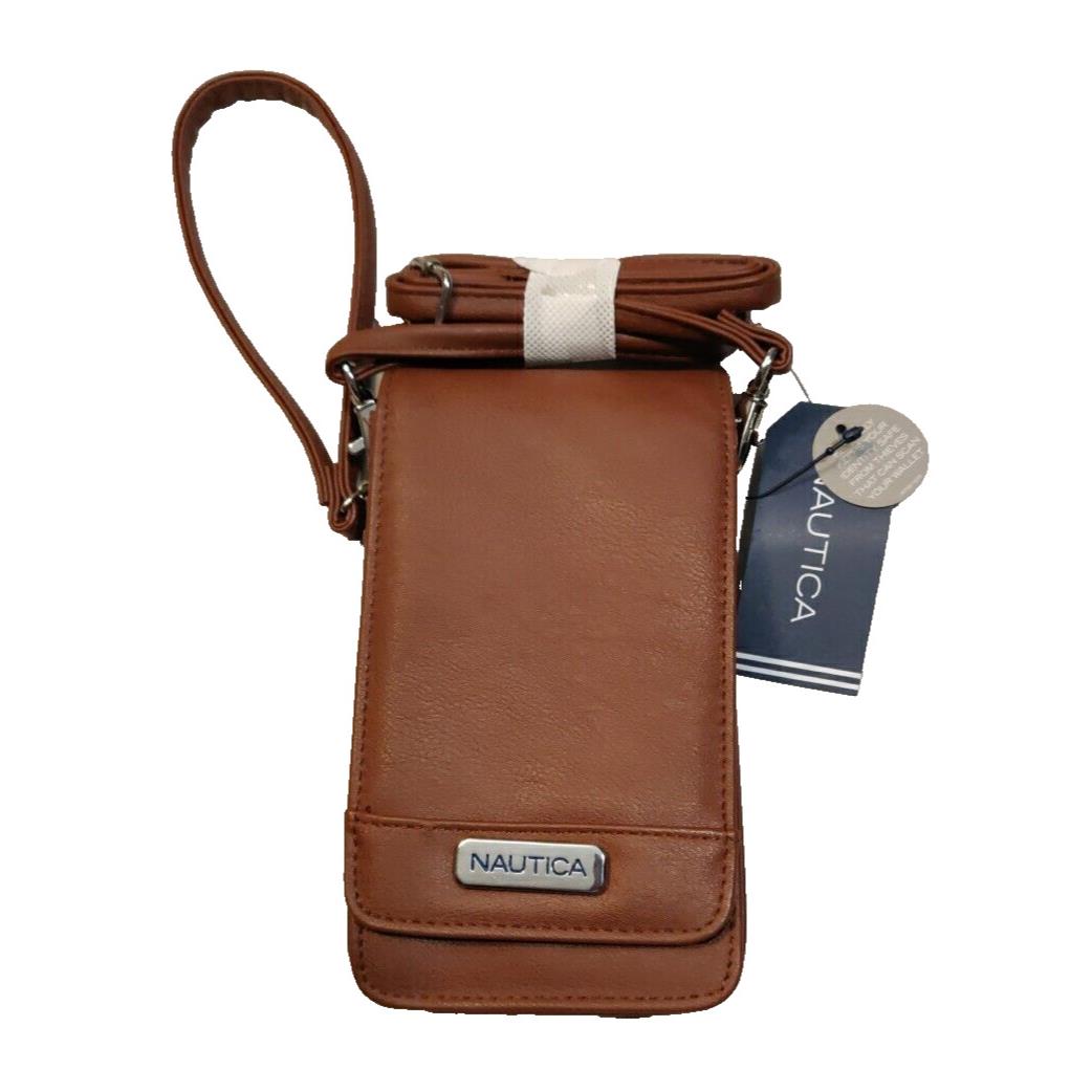 Nautica Brown Leather Organizer Wallet On A String Crossbody Rfid