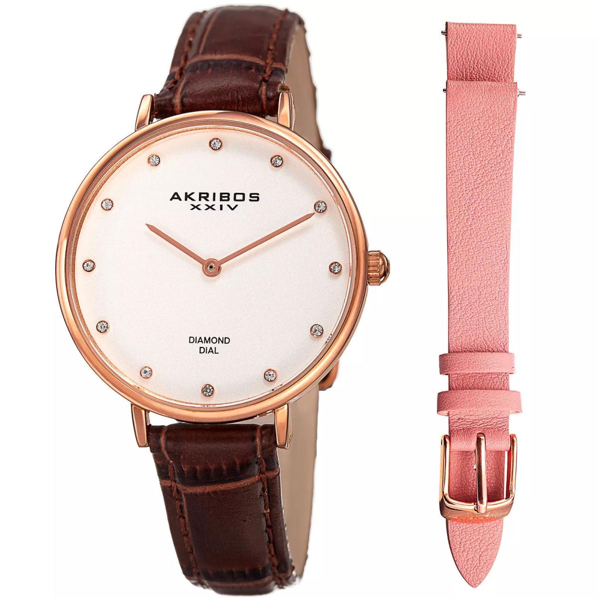 Akribos AK933RG Diamond Accented Quartz Brown Pink Leather Strap Women Watch Set