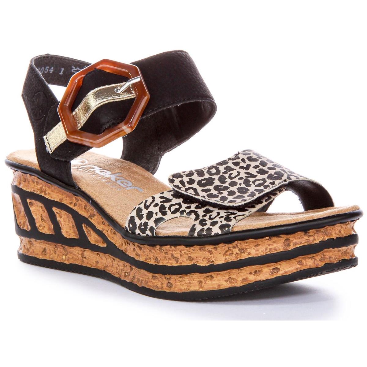 Rieker Strappy with Buckle Tone Wedge Cork Womens Sandal Black Multi US 6 - 10