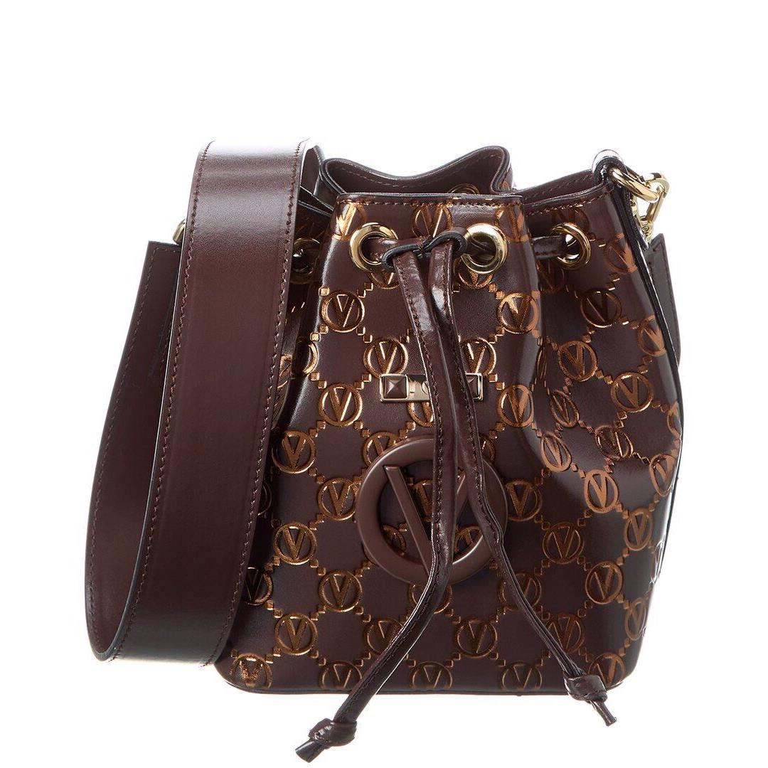 Valentino By Mario Valentino Jules Monogram Leather Bucket Bag Women`s Brown