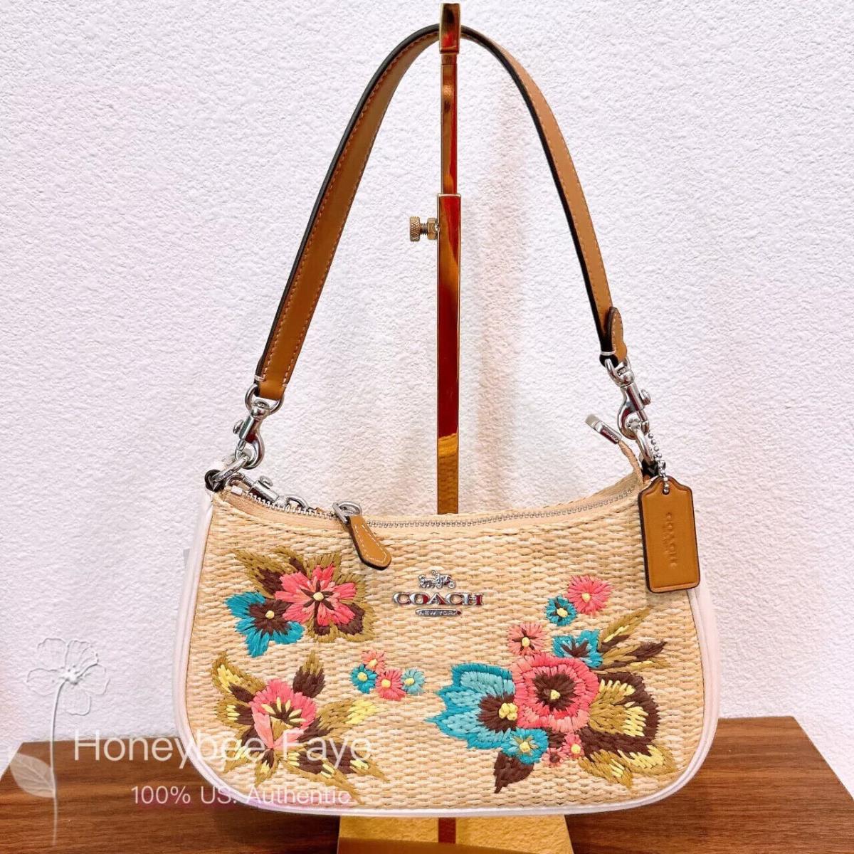 Coach Teri Shoulder Bag with Floral/stickers/blueberry Print CJ572 Natural Straw