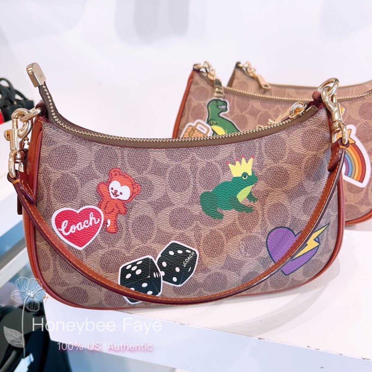 Coach Teri Shoulder Bag with Floral/stickers/blueberry Print CV939 Gold/Tan Multi