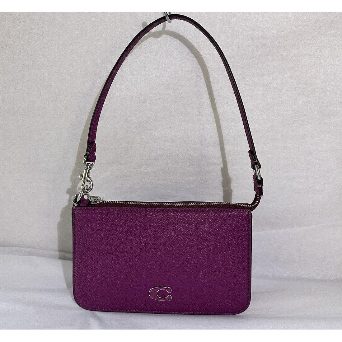 Coach Pebbled Leather Pouch Silver Tone Shoulder Bag Deep Plum