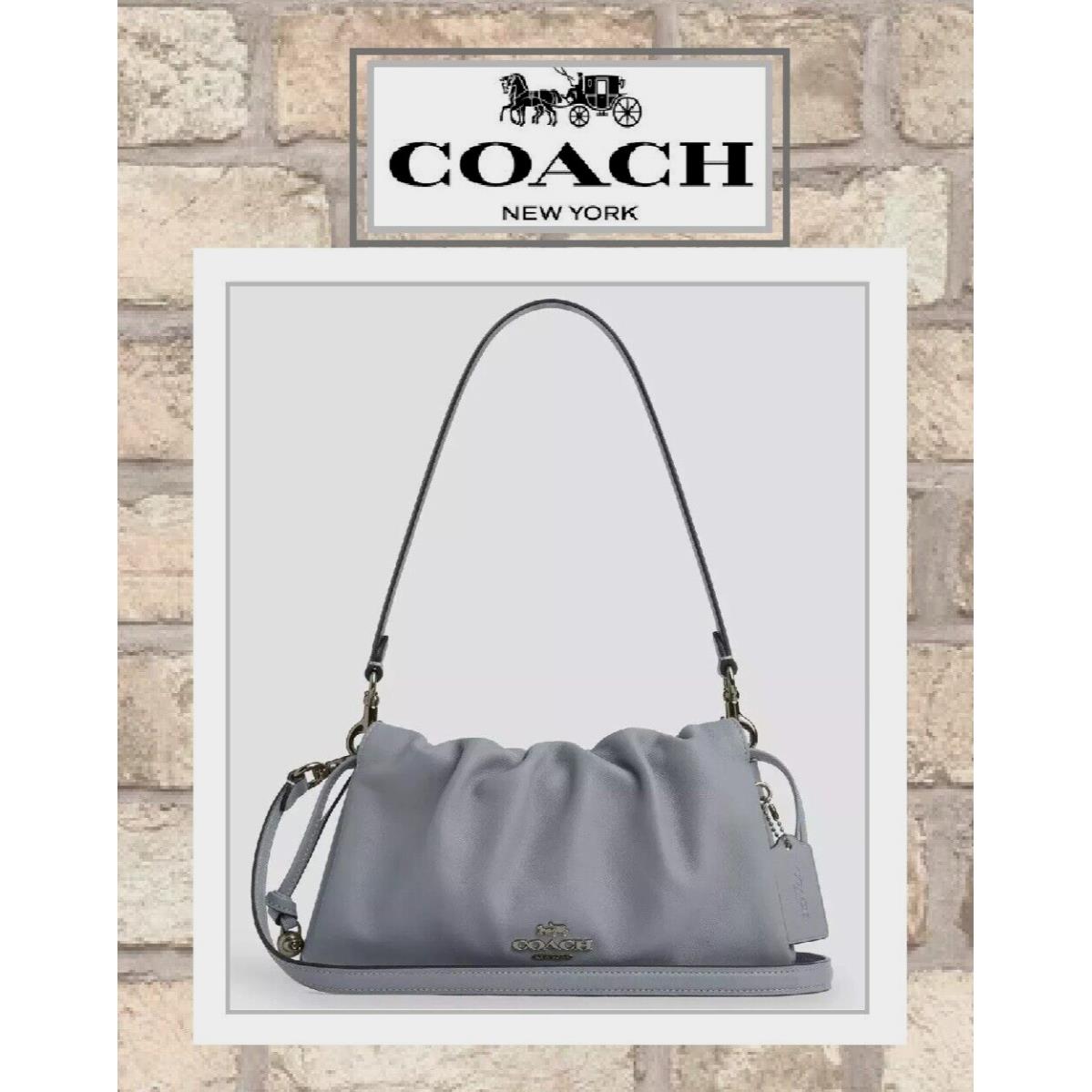 Coach Faye Shoulder X-body Clutch Bag W/ruching CV529 In Grey Blue Leather