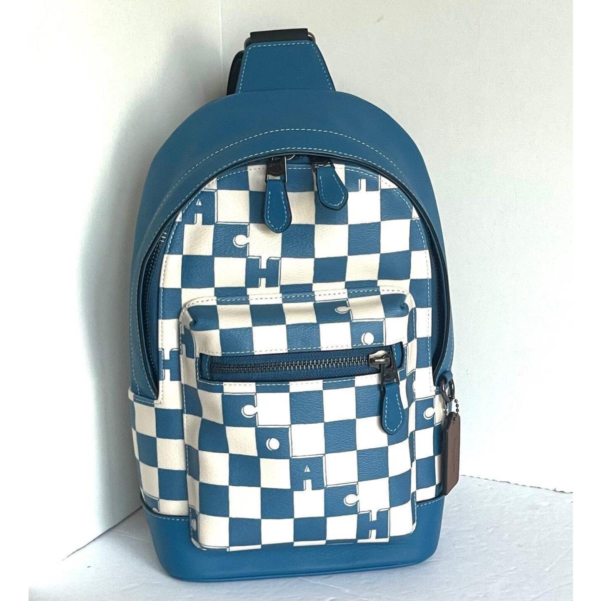 Coach West Pack Sling Bag Checker Blue Canvas Leather Sling Backpack CR294