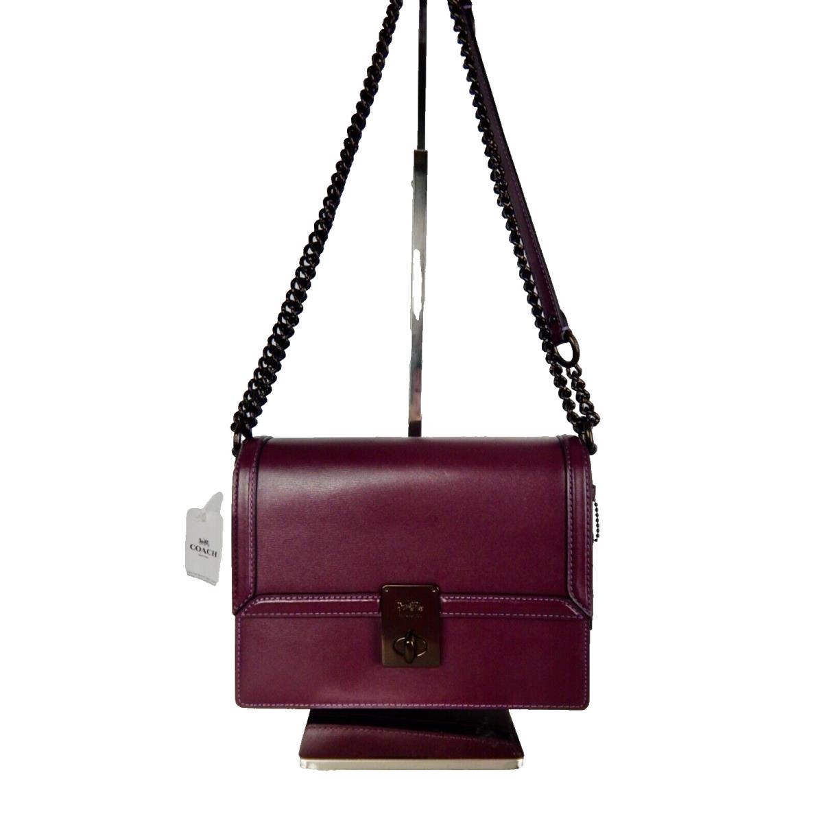 Coach Hutton Wine Heavy Calf Leather Stitching Crossbody Gunmetal Chain Bag