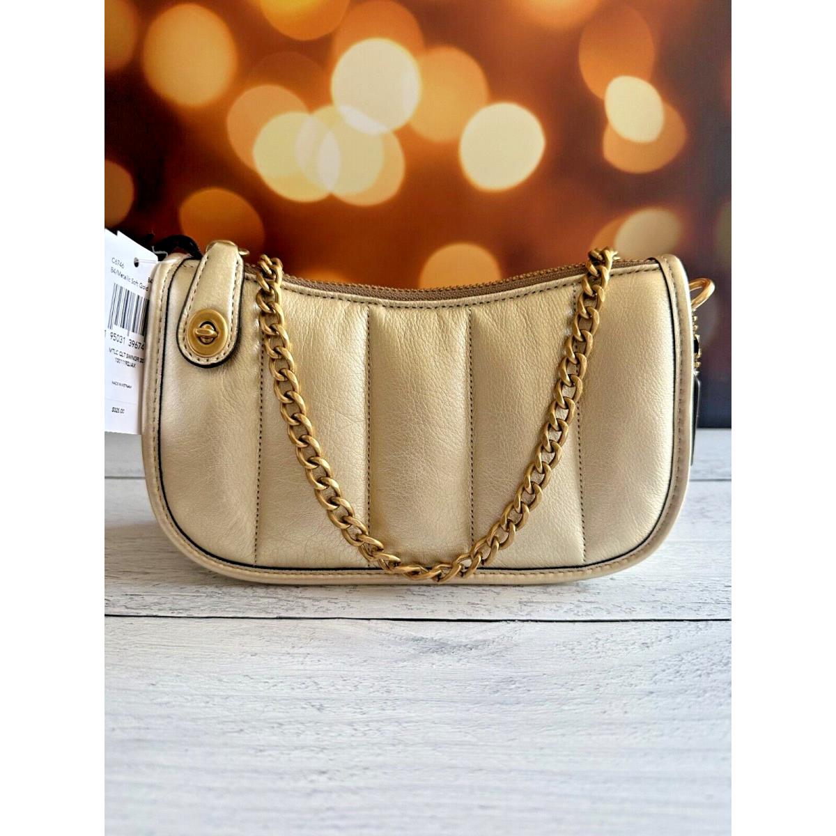 Coach Swinger 20 Metallic Gold Leather Clutch w/ Quilting Chain Bag C6746