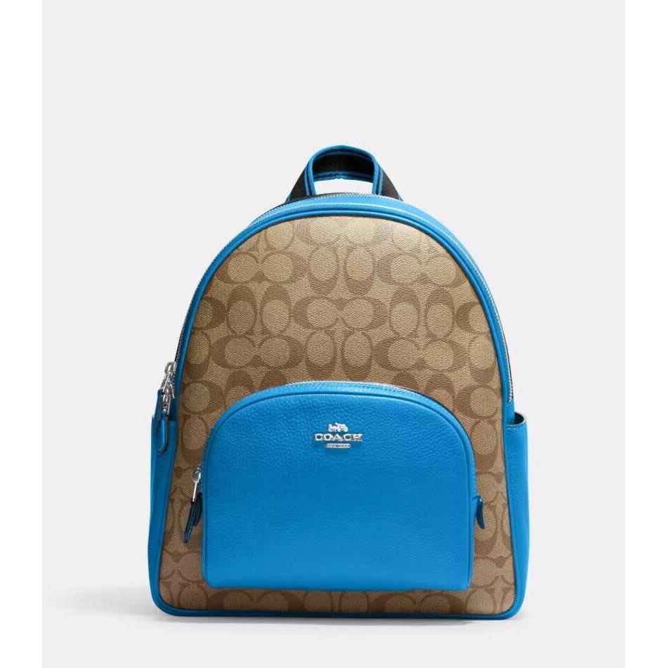 Coach W/tag Court Backpack In Signature Canvas Khaki/racer Blue Below Retail