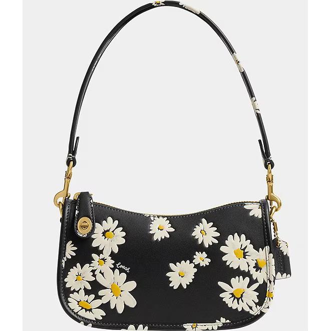 Coach Women` Black Multi Floral Print Glovetanned Leather Swinger Bag 20 CR509