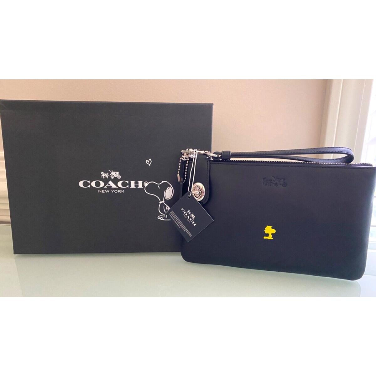 Coach X Peanuts Woodstock Black Leather Turnlock Wristlet Folio Limited Box