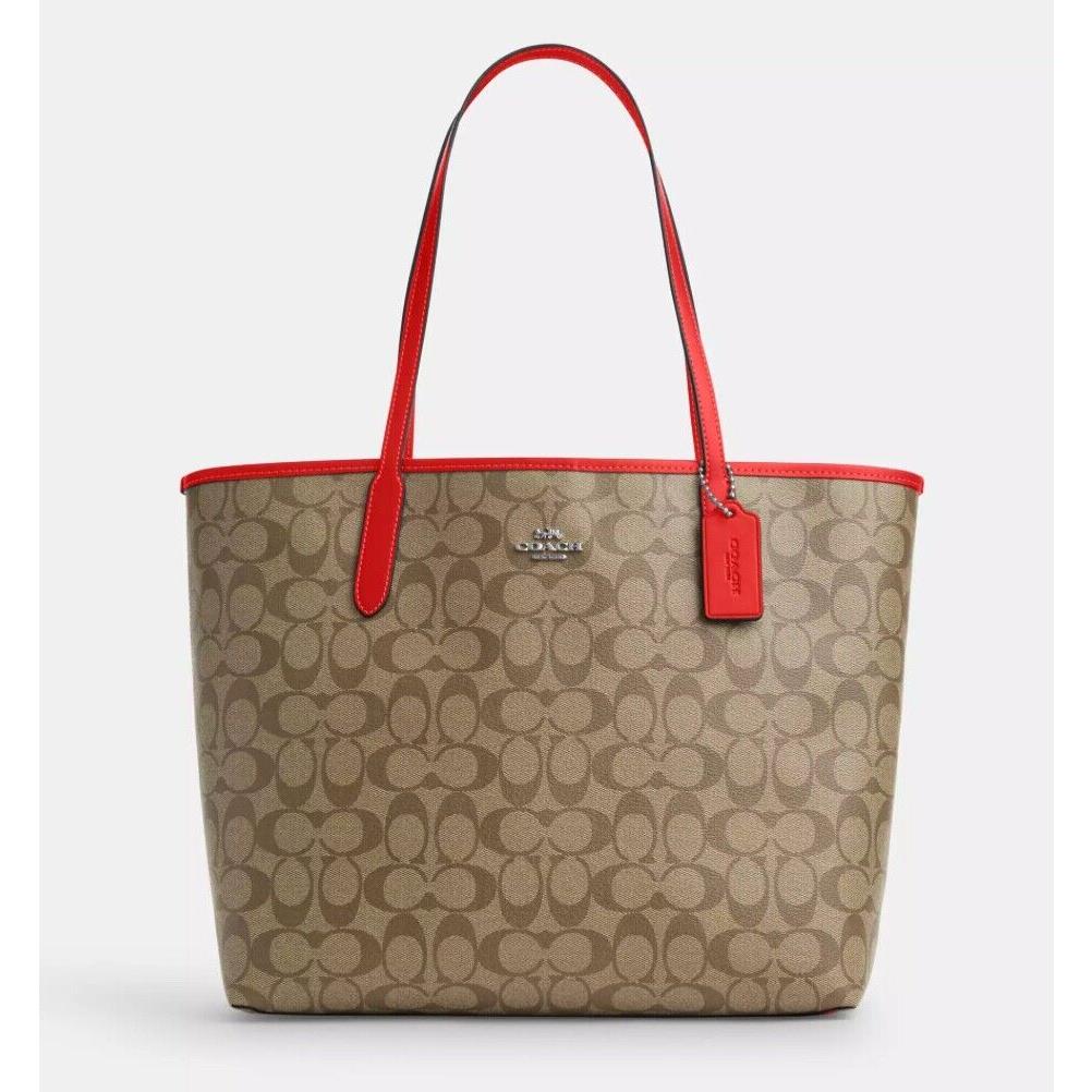 Coach City Tote Bag In Signature Canvas Sv/khaki/miami Red Below Retail