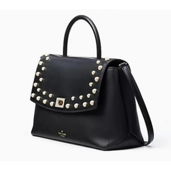 Kate Spade Black Leather Satchel W/zip Top Closure Pearl Cabochon Details