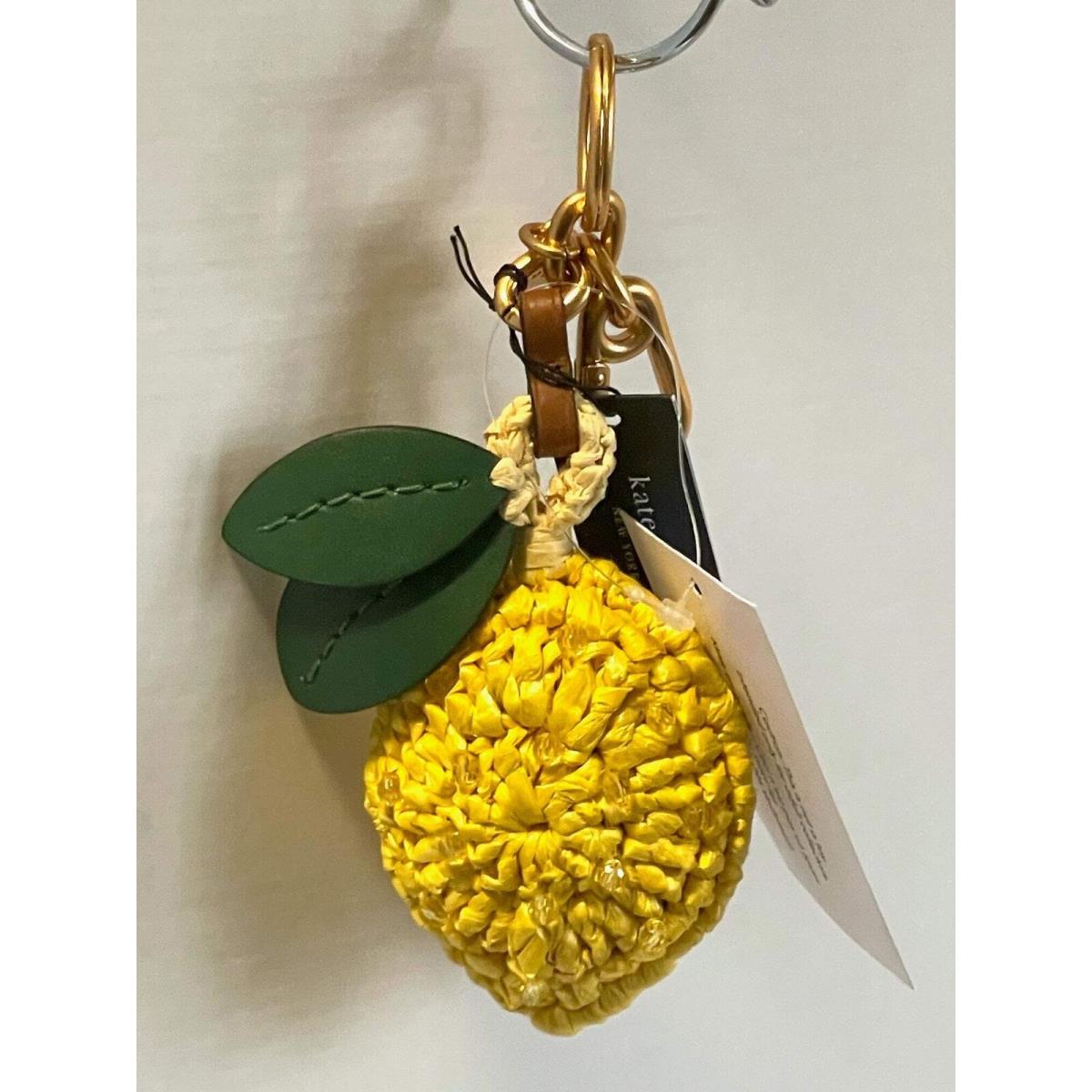 Kate Spade Lemon Drop Bag Charm Keychain Yellow Leather Crochet Beaded Rattan