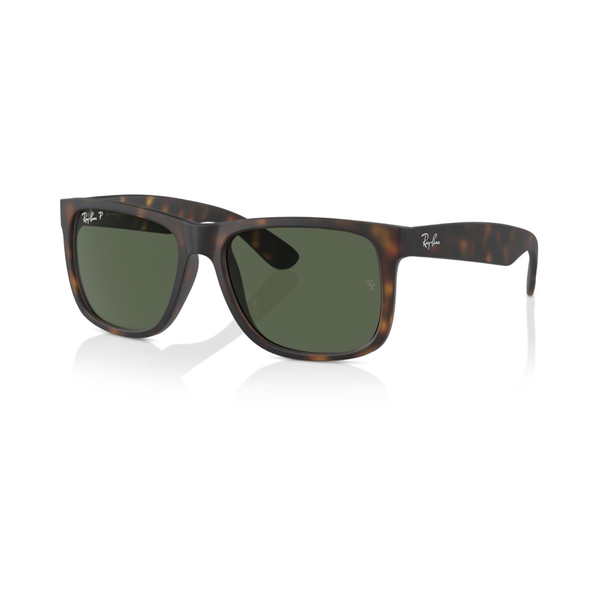 Rayban RB4165 Justin Square Sunglasses - Rubber Havana Frame Dk Green Polarized - Frame: Rubber Havana, Lens: Dark Green Polar