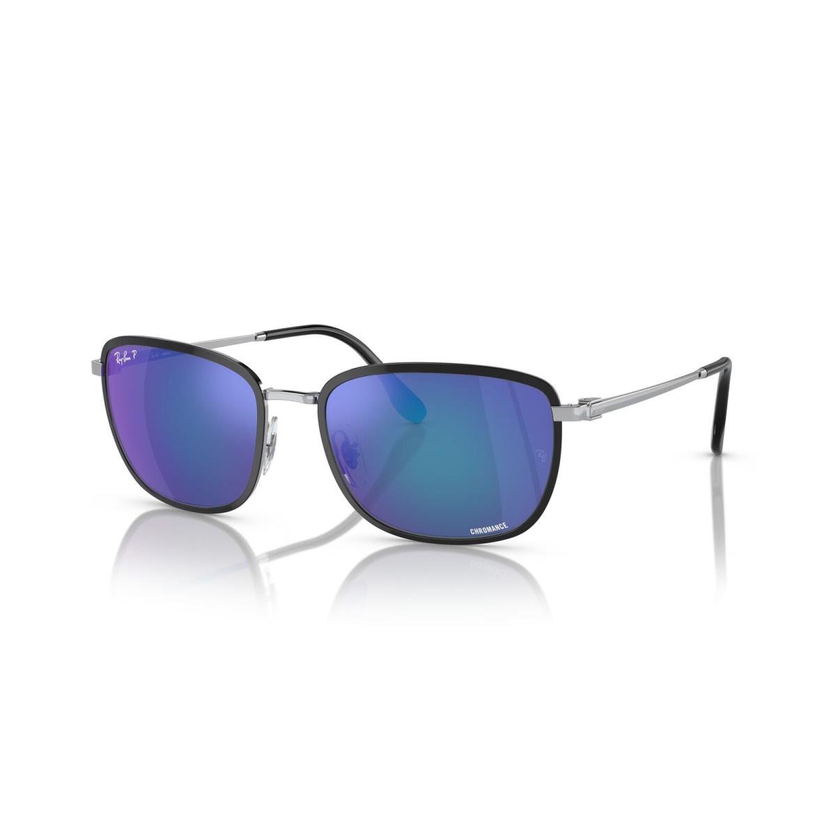 Ray-ban 0RB3705 91444L Rectangle Black on Silver Polarized Sunglasses - Black on Silver, Frame: Black on Silver, Lens: Blue Polarized