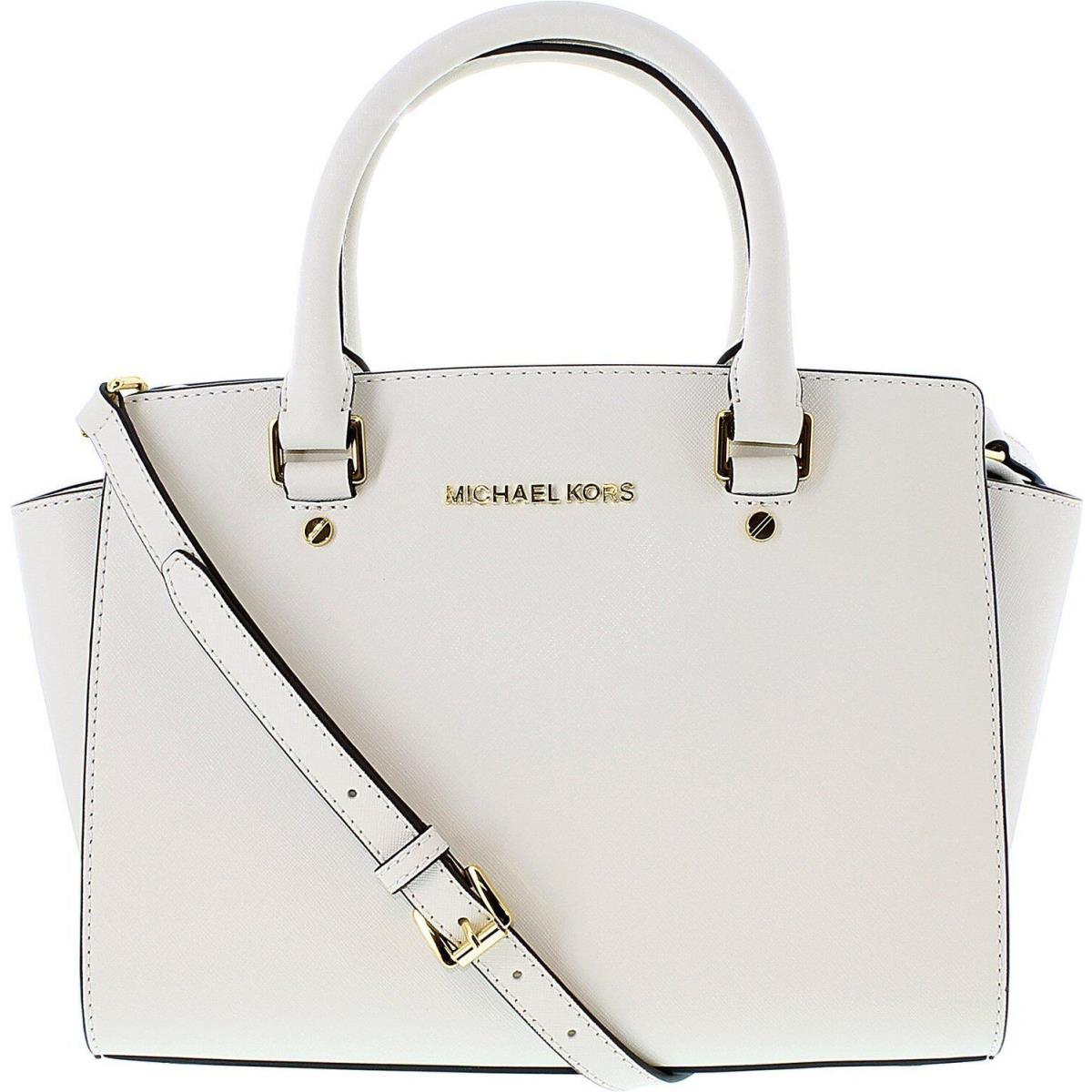 Michael Kors Selma Saffiano Leather Medium Top Zip Satchel Bag Optic White