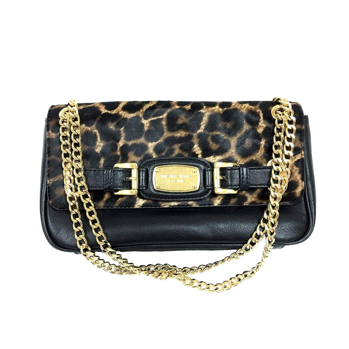 Michael Kors Hamilton Black Leather Leopard Gold Chain Clutch Shoulder Flap