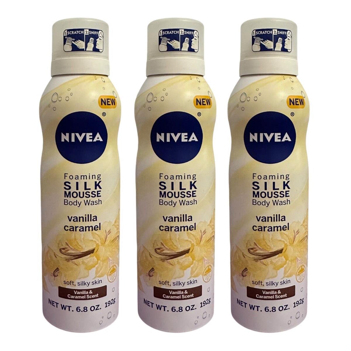 3 Pack Nivea Foaming Silk Mousse Body Wash Vanilla Caramel 6.8 oz Shaving Rare